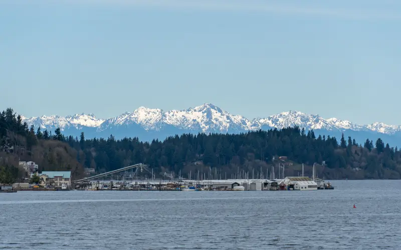 A marina on Puget Sound, with the Olympic Mountains across the water.