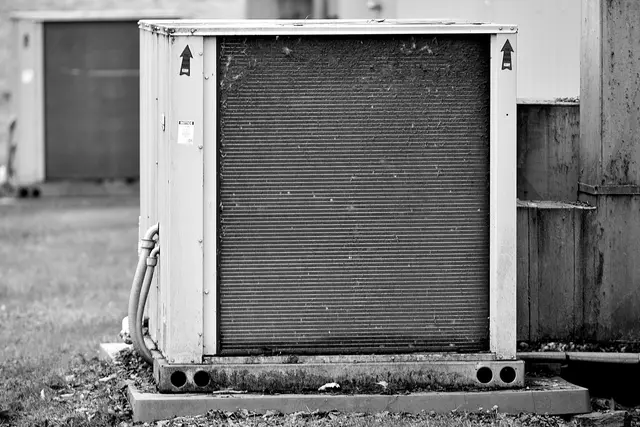 A weathered outdoor condenser unit with a dented coil grille, in black and white.